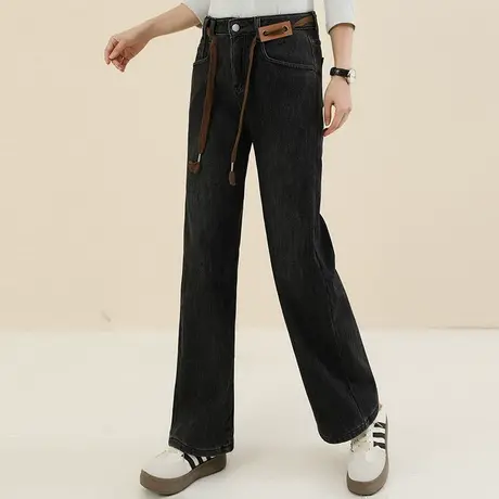 新品8.5折】高腰垂感显瘦休闲阔腿裤女加绒加厚牛仔裤商品大图