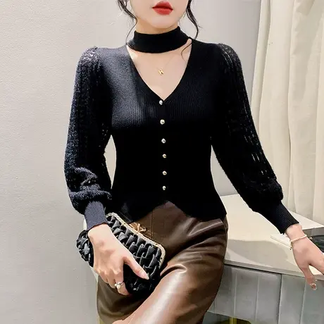 时尚挂脖V领针织衫长袖性感开叉纽扣拼接毛衣泡泡袖拼接打底衫潮商品大图