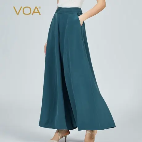 VOA30姆米重磅桑蚕丝蒂凡尼蓝自然腰口袋个性时尚减龄宽松阔腿裤图片