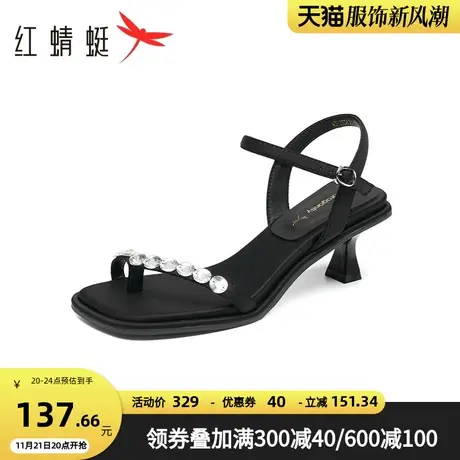 红蜻蜓一字带时装凉鞋2023夏季新款气质通勤女鞋黑色亮片高跟鞋女商品大图