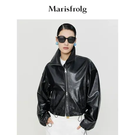 【时尚潮流系列】玛丝菲尔皮衣春季新款短款抽绳翻领皮衣商品大图