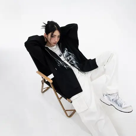 美式复古开衫连帽卫衣女春秋2023年新款ins潮牌宽松oversize外套商品大图