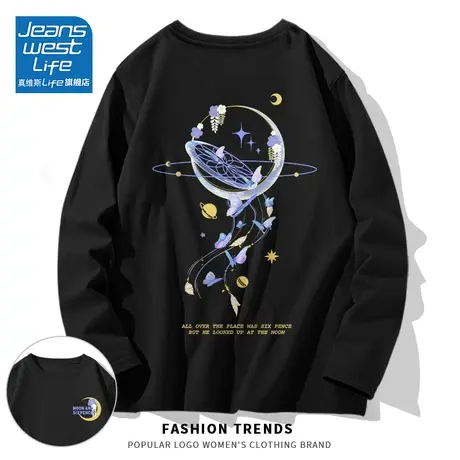 真维斯LIFE黑色t恤女2023新款秋季纯棉长袖打底衫BF港味宽松上衣商品大图