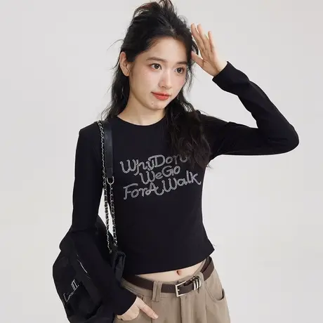 重工镶钻美式短款t恤女2023新款初秋甜辣小上衣小众黑色打底衫女商品大图