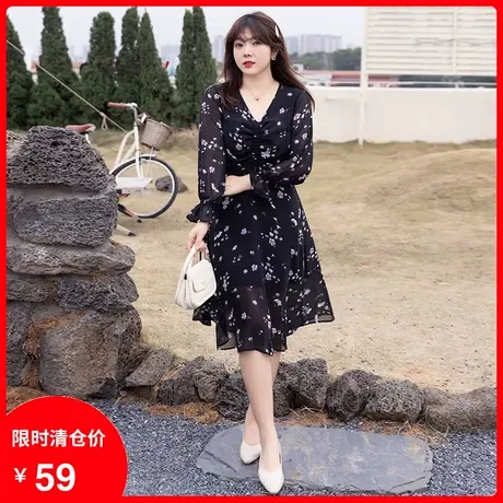 【清仓】胖MM春季新款连衣裙遮肚抽绳绑带气质V领雪纺碎花中长款商品大图