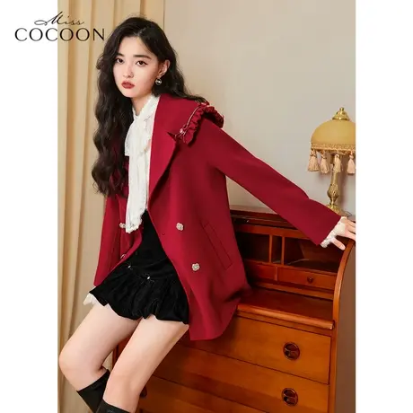 missCOCOON大红色毛呢外套女2022新款秋冬宽松海军领羊毛呢子大衣商品大图
