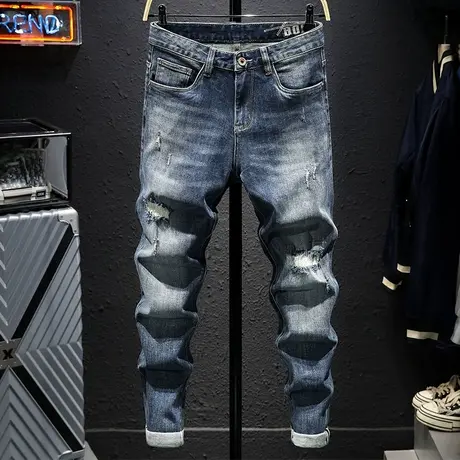 春秋款潮牌破洞牛仔裤男直筒修身小脚百搭男士休闲长裤子男水洗男商品大图