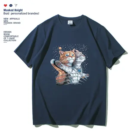 夏季趣味卡通猫咪印花短袖t恤男潮流ins港风学生纯棉宽松圆领体恤商品大图