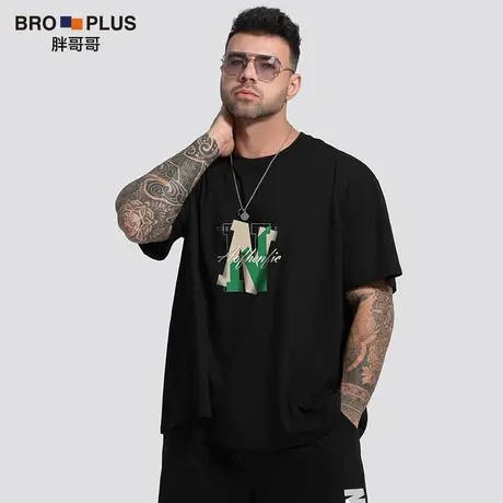 [啤酒肚短袖男]潮流N印花宽松加肥加大码胖子运动半袖T恤衫纯棉T图片