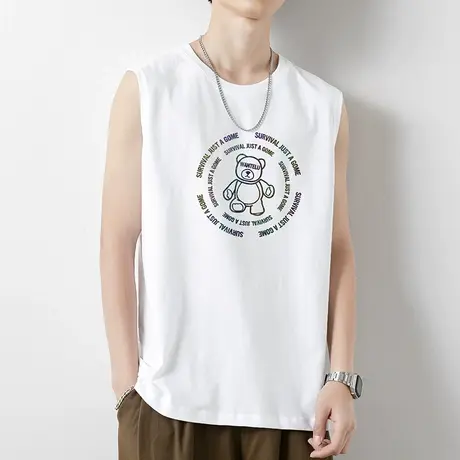 2024新款纯棉白色背心男士夏季薄款小熊健身篮球运动坎肩无袖t恤图片