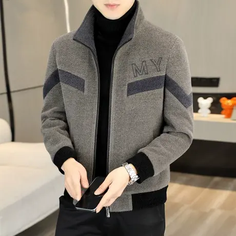 秋冬呢子外套男士金貂绒立领夹克冬装新款加厚休闲短款毛呢大衣男商品大图