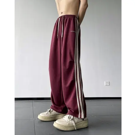 2024春季新款美式复古三条杠直筒休闲裤男ins潮流宽松运动拖地裤商品大图