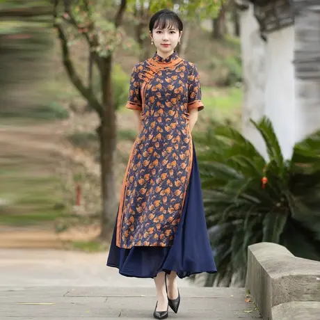 筠雅奥黛旗袍女装中国风夏连衣裙女洋气长款收腰显瘦时尚开叉裙子图片