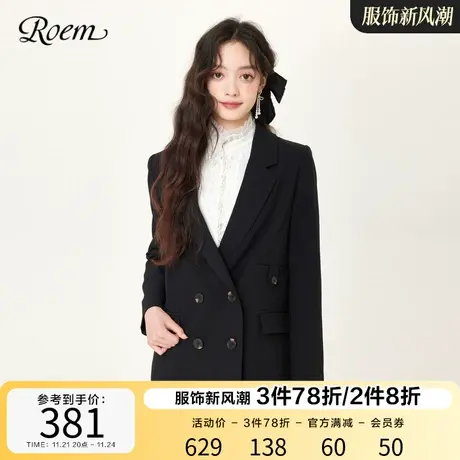 Roem秋冬新品商场同款宽松翻领小个子气质通勤黑色西装外套女图片