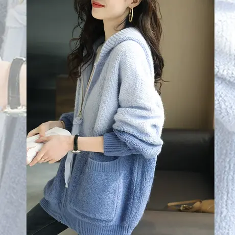 宝诗黎连帽针织开衫厚口袋女装毛衣外套秋季2023宽松落肩新款上衣图片