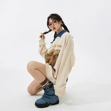YEP复古圆领卫衣女春秋2024年新款美式无帽印花宽松oversize上衣商品大图