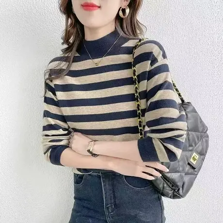 加厚拼色条纹半高领毛衣女宽松秋冬装新款慵懒风打底针织衫上衣女商品大图