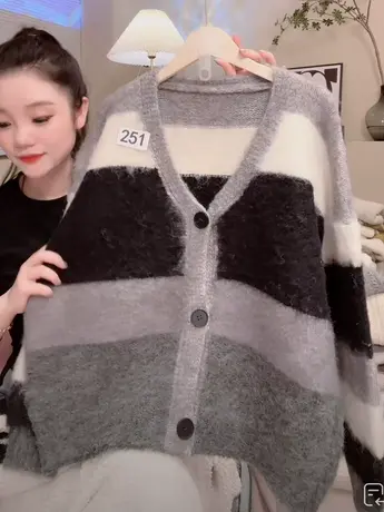 慵懒撞色毛衣开衫外套女2023气质V领设计感宽松时尚百搭针织开衫图片