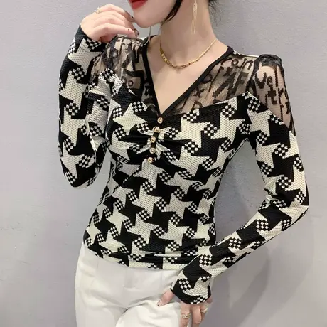 性感镂空网纱T恤女长袖欧货千鸟格印花上衣时尚V领内搭打底衫春秋图片