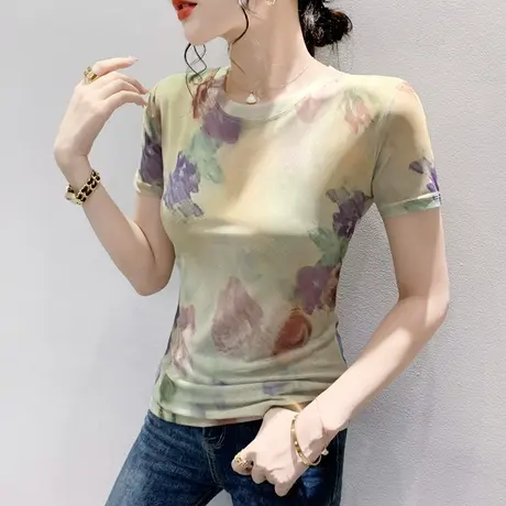 欧货晕染印花短袖T恤女2024夏新款气质减龄修身上衣性感圆领小衫图片