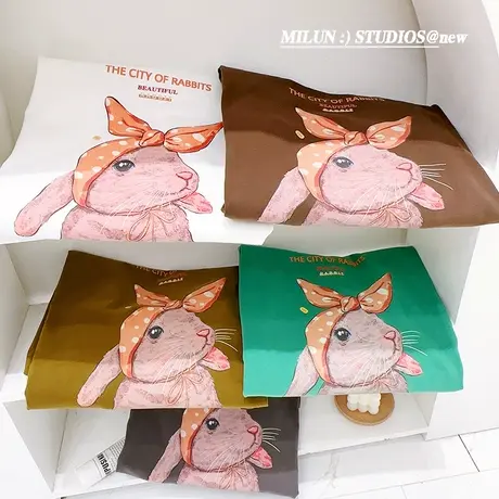 韩国东大门ins兔子短袖上衣2023春夏款高级感磨毛半袖T恤欧货大码图片