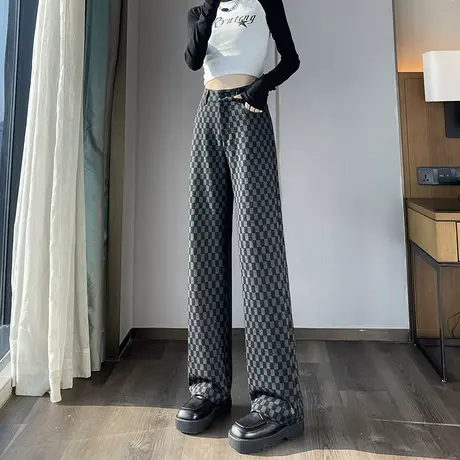 棋盘格窄版阔腿西装裤女春秋新款高腰显瘦宽松垂感休闲直筒拖地裤商品大图