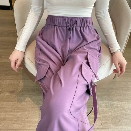 紫色工装裤女春秋2023新款高腰显瘦直筒阔腿美式休闲束脚运动裤子图片