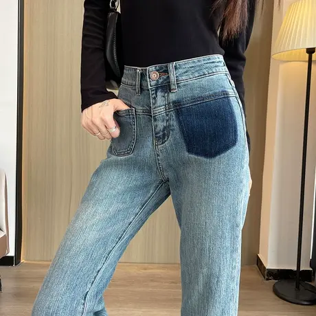 蓝色九分牛仔裤女设计感小众2024年秋季高腰直筒小个子显瘦烟管裤商品大图