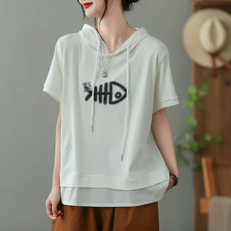 dza复古连帽纯棉T恤女2023夏季短袖打底体恤宽松显瘦外搭套头上衣商品大图