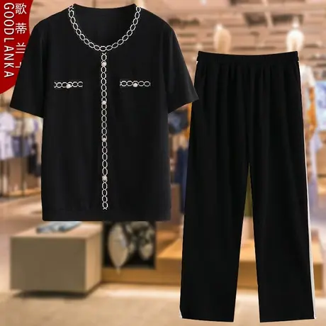 加肥加大码妈妈夏季短袖休闲套装洋气撞色中年女士时尚短袖两件套商品大图