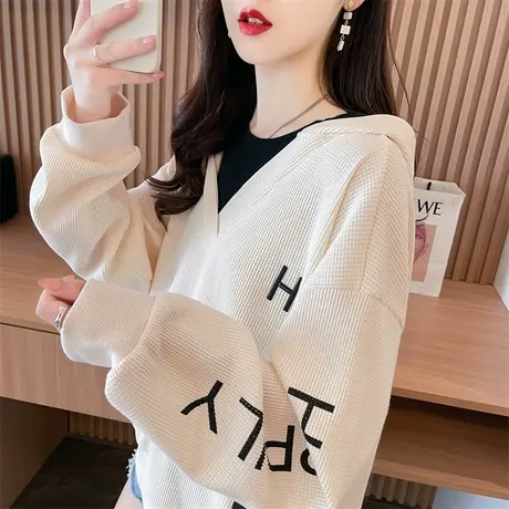 早秋装华夫格连帽卫衣女春秋季韩版宽松薄款小个子假两件上衣外套图片