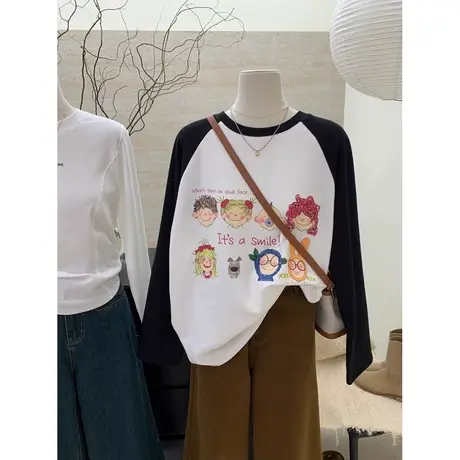 卡通动漫插肩袖T恤女德绒保暖打底衫秋冬装宽松加绒内搭长袖上衣商品大图