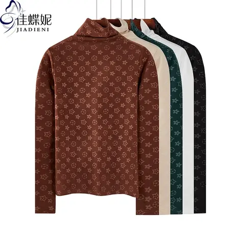 秋冬新韩版高领印花修身加绒保暖双面德绒长袖体恤上衣内搭打底女商品大图