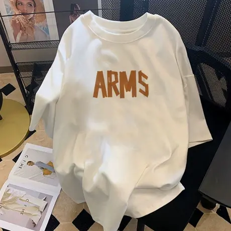 港味复古chic白色t恤女oversize大码ins潮短袖夏圆领纯棉显瘦上衣商品大图