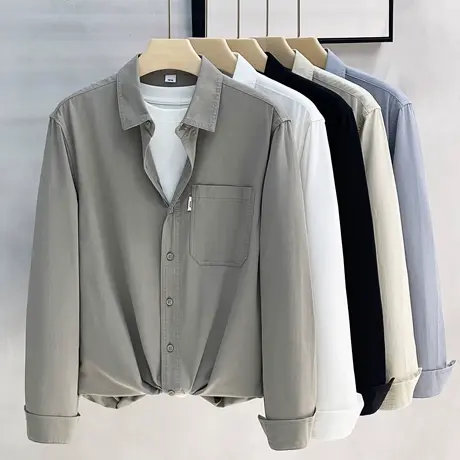 工装衬衫男纯棉春秋2023新款商务男装修身衬衣长袖男士休闲上衣服商品大图