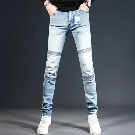 美式机车牛仔裤男2023秋冬新款蓝色修身小脚弹力高端男士休闲长裤商品大图