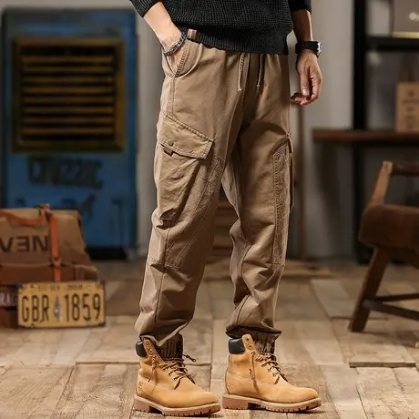 宽松舒适工装裤子纯棉双经斜纹布宽松裤子男款束脚潮流工装裤商品大图