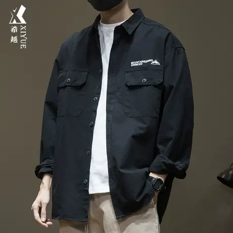 希越日系潮流工装长袖衬衫男春秋高级感宽松大码开衫薄款衬衣外套商品大图