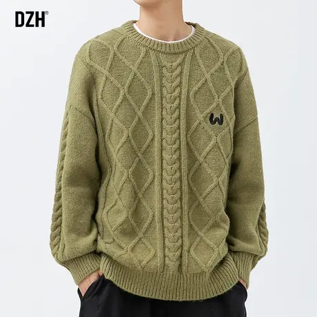 男士军绿色提花毛衣男冬季加厚美式复古圆领刺绣针织外套潮牌长袖商品大图