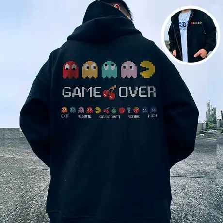 秋冬季日系宽松加肥加大码男装连帽加绒拉链开衫胖子男士卫衣外套图片