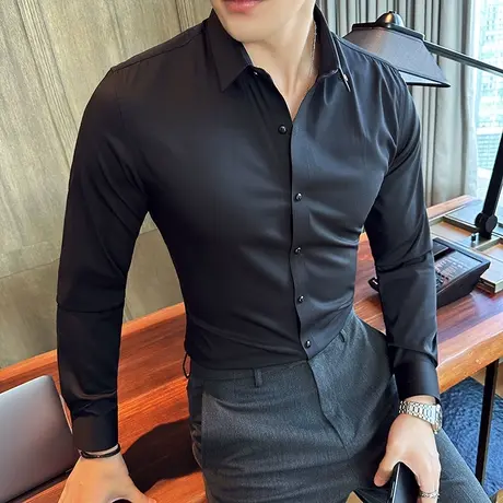 气质小尖领刺绣衬衫男长袖秋冬无痕垂滑寸衣潮流痞帅商务通勤上衣商品大图