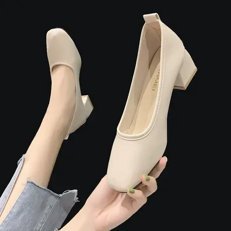 气质高跟鞋女浅口单鞋2024年新款春夏季韩版方头复古粗跟中跟女鞋图片