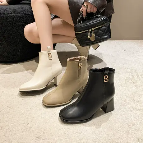 洋气小短靴女秋冬新款2023年网红粗跟马丁女靴高跟法式气质瘦瘦靴商品大图