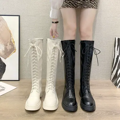 白色长筒靴子女2024年新款秋冬季女靴小个子长靴中筒不过膝骑士靴图片
