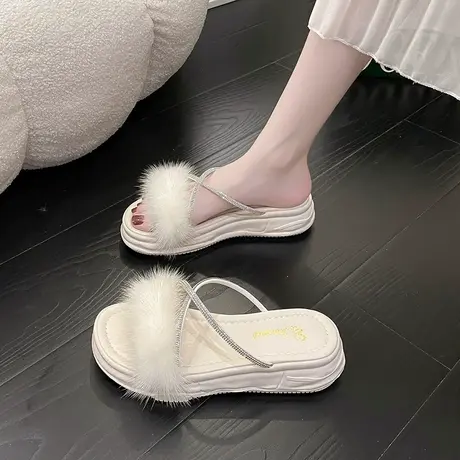 毛毛鞋女外穿水钻凉拖鞋2024年新款厚底仙女风一字拖鞋夏季潮鞋子商品大图