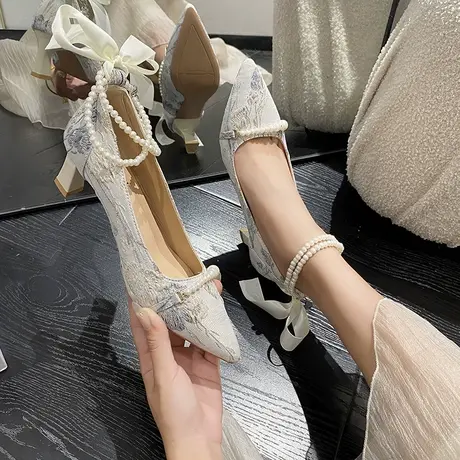 女鞋2024新款配裙子旗袍尖头浅口单鞋法式高跟鞋女气质古风汉服鞋商品大图