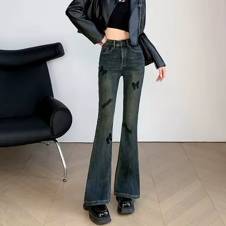 加绒微喇牛仔裤秋冬季2024年新款高腰修身显瘦直筒加厚保暖喇叭裤商品大图