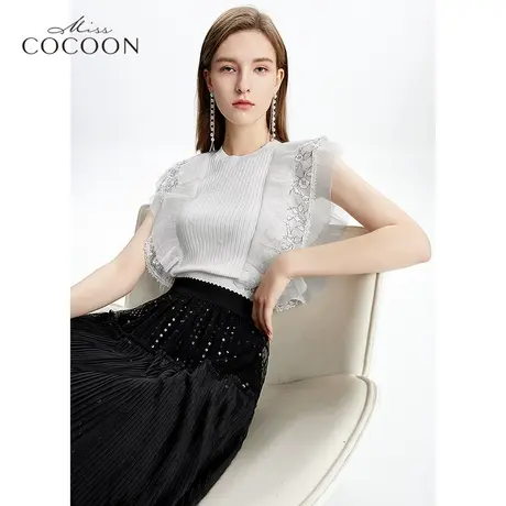 miss COCOON短袖蕾丝拼接女2023夏季新款设计感小众圆领针织t恤商品大图