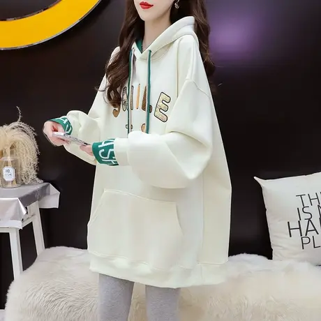 加绒加厚连帽卫衣女中长款2024新款早春季爆款网红宽松设计感外套图片