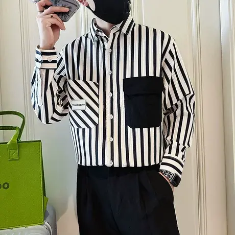 2023春秋季条纹拼色衬衫男长袖上衣小众INS通勤百搭休闲衬衣外套商品大图